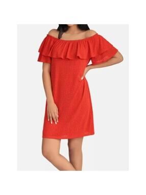 London Times | Women’s Red Off Shoulder Eyelet Dress | Size 10 | NWT | 0960